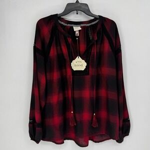 Knox Rose Womens Rouge Red Plaid Lace Trim Peasant Blouse Tassel Tie Large NEW